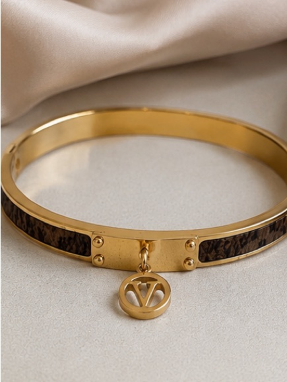 Designer Inspired Gold Monogram Charm Bangle Bracelet